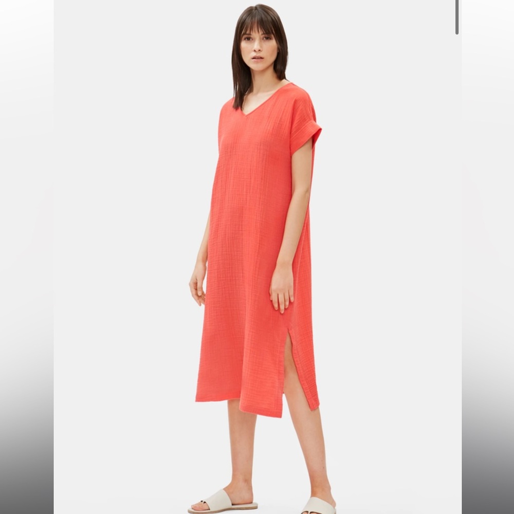 EILEEN FISHER Organic Cotton Gauze V-Neck Short Sleeved Dress in Orange